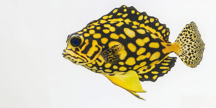 vibrant pineapplefish with yellow and black patterns on white background