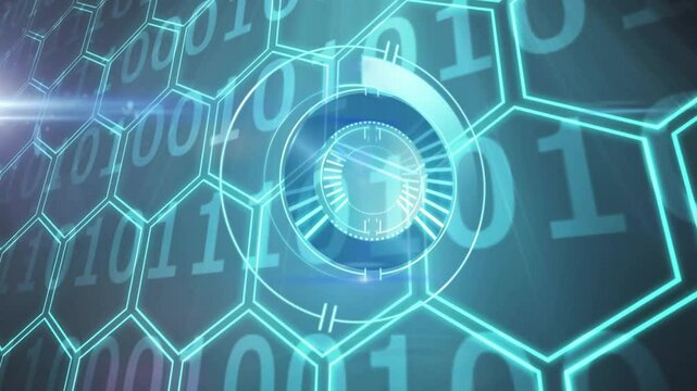 Digital clock animation over binary code and hexagonal network pattern