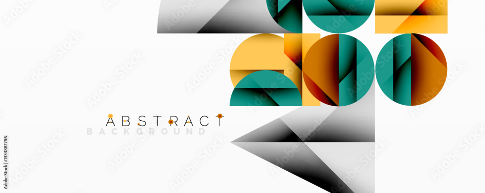 Poster Modern abstract composition with layered circles and angular segments featuring gradients, transparency effects, and a structured geometric layout