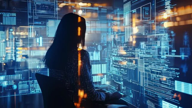 Woman Immersed in Digital Data Visualization