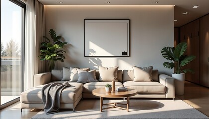 Modern living room in beige colors represents comfortable lifestyle
