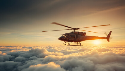 Helicopter Soaring Above Clouds at Sunset