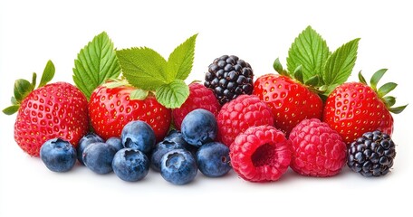 Fresh mixed berries arranged on white background