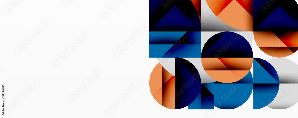Poster Abstract geometric artwork with overlapping circles and gradients, circle square triangle shapes background featuring sharp angular cuts, smooth shading, and structured layered composition