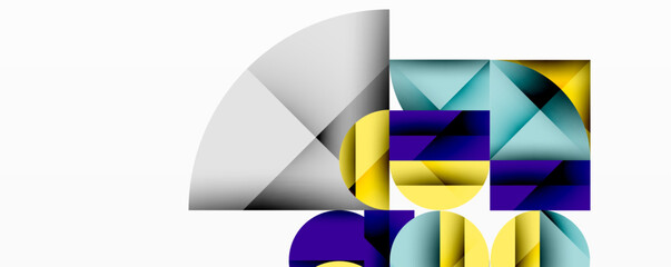 Abstract geometric design with intersecting circles, triangles, squares and sharp angles creating a layered composition with gradients, depth, and contrast