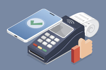 3d isometric vector illustration of contactless POS terminal bank payment. Telephone and bill receipt. Phone payment concept.