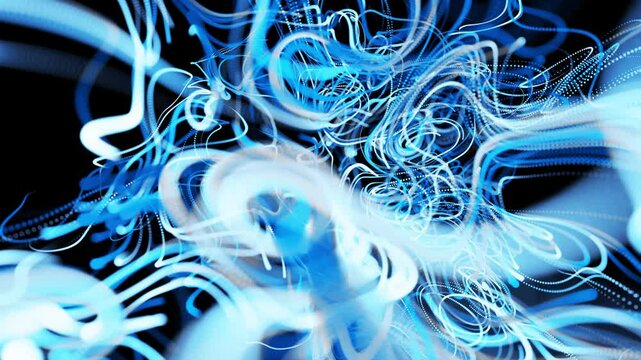 Hypnotic visual representation of neural network processing. Featuring a soothing blue color palette and abstract patterns created by rapidly moving light streaks.
