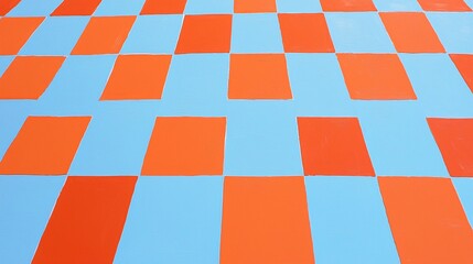 pattern of blue and orange tiles arranged in a checkerboard style, creating a striking visual contrast with alternating squares. [Opposite color pair, pad]:[tile] blue tiles, orange tiles, checkerboar
