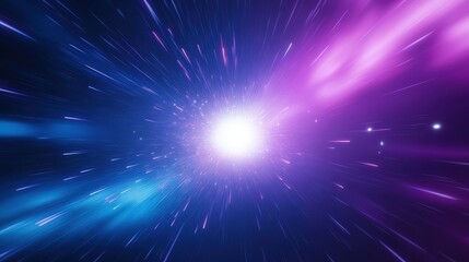 Fototapeta premium A vibrant cosmic scene depicting light and energy traveling through space, showcasing dynamic colors of blue and purple around a bright central glow.