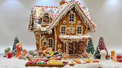 Obraz premium Elaborate Gingerbread House Decorated With Candy And Snow