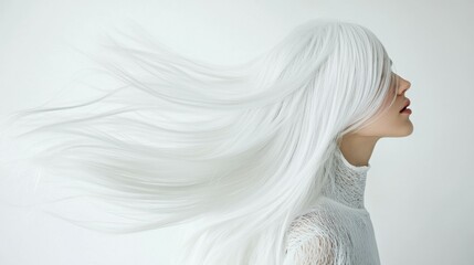 Fashion model with long white hair poses against a minimalistic white background, showcasing a modern and artistic look with unique accessories and clothing styles