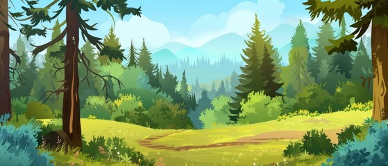 illustration cartoon Woodland edge of wild forest with big green spruce trees and oak trees in front view cloudscape sky.
