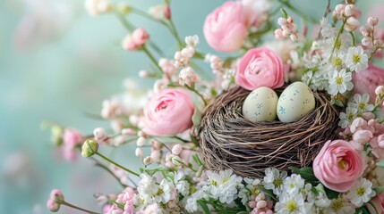 A vibrant Easter tableau, featuring a nest cradled in a bouquet of spring blooms, bathed in soft pastel hues, offering ample copy space for a celebratory message.