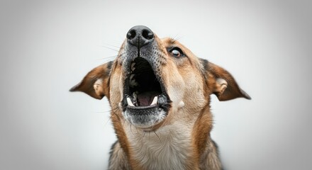 Howling and growling dog. A dog barking with its mouth open against a neutral background. An angry barking dog showing its teeth and head tilted upwards 