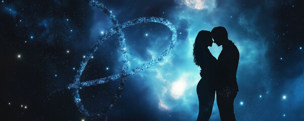 Glowing DNA Double Helix with Embracing Couple Silhouette in Space – Cinematic Light Blue & Indigo Galaxy-Themed Sci-Fi Artwork