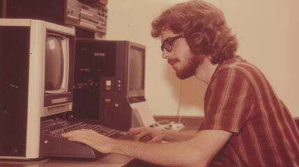 Vintage 1970s programmer working with early computer technology