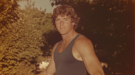 Nostalgic 1970s portrait of a confident student in nature