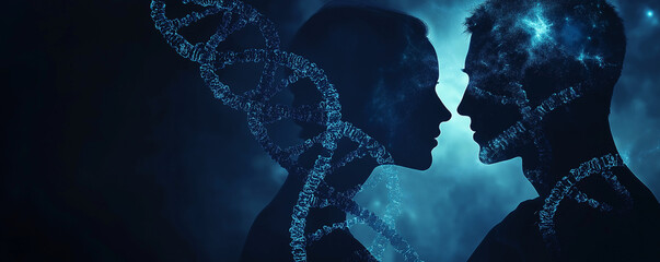 Glowing DNA Double Helix with Embracing Couple Silhouette in Space – Cinematic Light Blue & Indigo Galaxy-Themed Sci-Fi Artwork