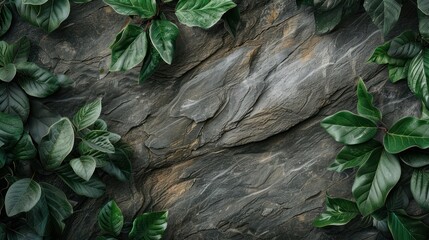 Obraz premium Lush Green Leaves on Dark Stone Background Nature Image