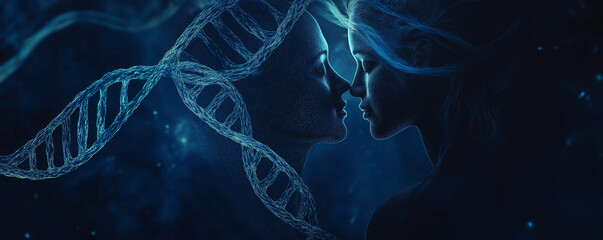 Glowing DNA Double Helix with Embracing Couple Silhouette in Space – Cinematic Light Blue & Indigo Galaxy-Themed Sci-Fi Artwork