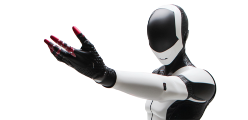 Futuristic Companion: A sleek, humanoid robot with a striking black and white design extends its hand in a gesture of welcome or offering, embodying the cutting edge of technological advancement.