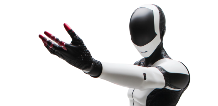 Futuristic Companion: A sleek, humanoid robot with a striking black and white design extends its hand in a gesture of welcome or offering, embodying the cutting edge of technological advancement.
