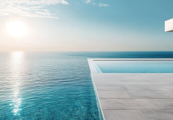 Fototapeta premium Minimalist pool with an ocean view, clear blue sky, modern architecture.