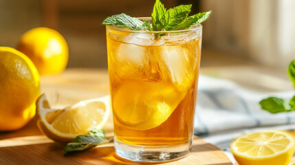 Fototapeta premium Refreshing iced tea with lemon and mint for summer refreshment