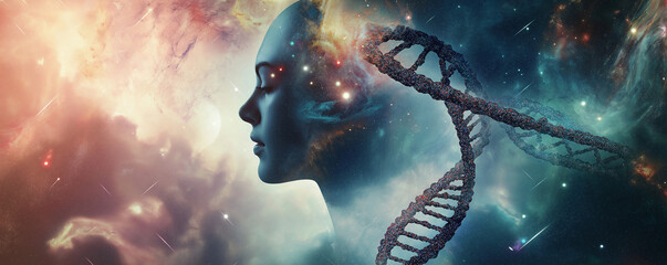 Glowing DNA Double Helix with Embracing Couple Silhouette in Space – Cinematic Light Blue & Indigo Galaxy-Themed Sci-Fi Artwork