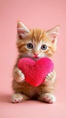 Adorable red kitten with plush heart on pink background