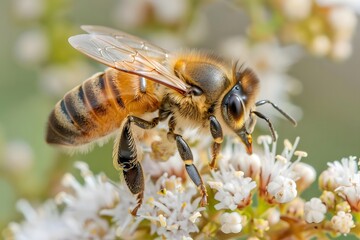 Honeybee Close-Up: A Detailed Examination of its Anatomy, Pollen Collection Process, and Flight Mechanics, Showcasing the Insect's Vital Role in Pollination and Ecosystem Balance.