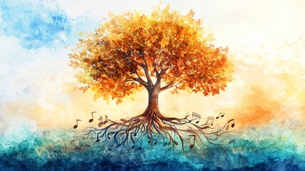 A tree with roots growing into musical notes, symbolizing nature’s harmony with sound