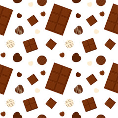 Seamless pattern with chocolate, candies. Vector background with sweets. Milk, white and dark chocolate.
