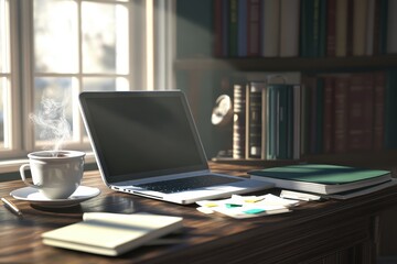 Naklejka premium Cozy Home Office Setup: Laptop, Coffee, and Books by Window
