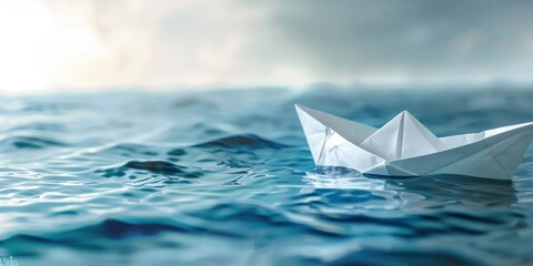 White paper boat ship floating on water seascape surface ripple curve wave blue calm clear clean simple close up shot fog mist.