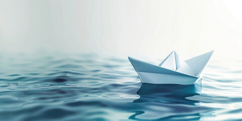 White paper boat ship floating on water seascape surface ripple curve wave blue calm clear clean simple close up shot fog mist.