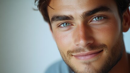 A close-up portrait captures a young man radiant smile, his handsome face framed against a soft, neutral backdrop, his confidence evident in the gentle curve of his lips.