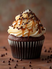 Delicious chocolate cupcake with caramel and chocolate chips on wooden table
