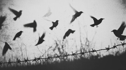 Fototapeta premium Grunge aesthetic with blurred birds and barbed wire in motion
