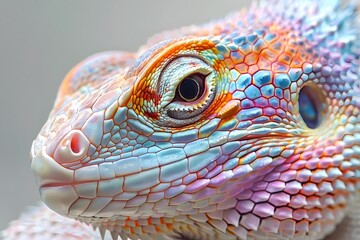 Fototapeta premium Vibrant Reptile Skin: Close-Up View of a Colorful Lizard's Detailed Scales and Eye, Showcasing Nature's Artistic Mastery in Vivid Hues and Intricate Patterns. Discover the Beauty of Animalia.