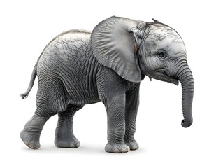 Fototapeta premium Playful Elephant Calf Balancing on Oversized Leg Against White Background