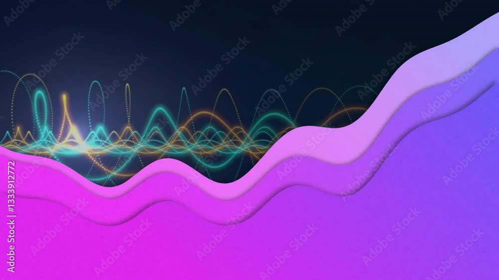 Poster animation of colorful waveforms and abstract shapes creating dynamic visual patterns