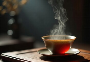 Steaming tea in rustic ceramic cup on dark background