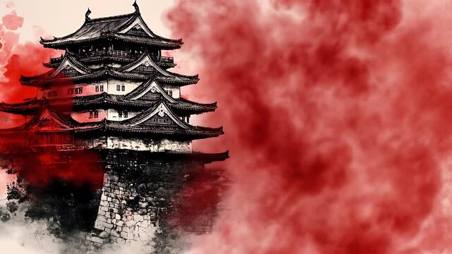 水墨画で描かれた日本の古い城