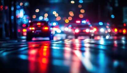 Fototapeta premium Blurred city lights and police cars with flashing red and blue lights on the street at night.