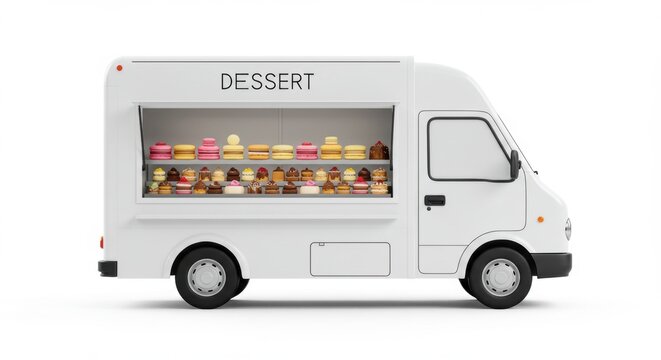 A vibrant dessert food truck displaying an array of colorful pastries and sweets in a bright setting - white food truck