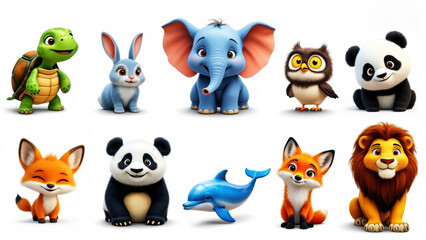Obraz premium cute cartoon animals in bright, stylized 3D format. They look friendly and welcoming, with large expressive eyes and soft rounded shapes.