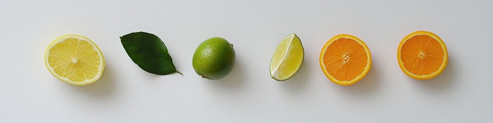 Citrus slices arranged on white background with leaves