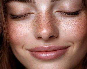 Fototapeta premium A close-up portrait of an attractive woman with closed eyes and a gentle smile, showcasing her fresh skin tone and natural freckles against a soft gray background. 