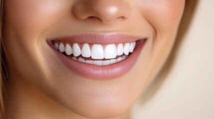 Obraz premium A radiant smile illuminates the face of a pristine-skinned woman as her white teeth flash, framed against a crisp white backdrop, exuding confidence and youthful vitality.